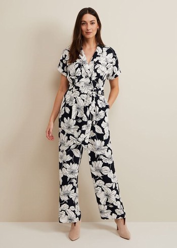 Phase Eight Constance Floral Jumpsuit Navy/White Australia | XH0415786